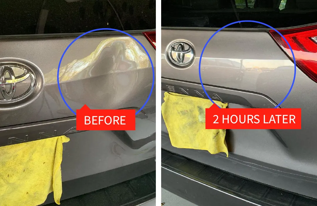 Before and after paintless dent repair on a white vehicle fender by The Dent Trooper